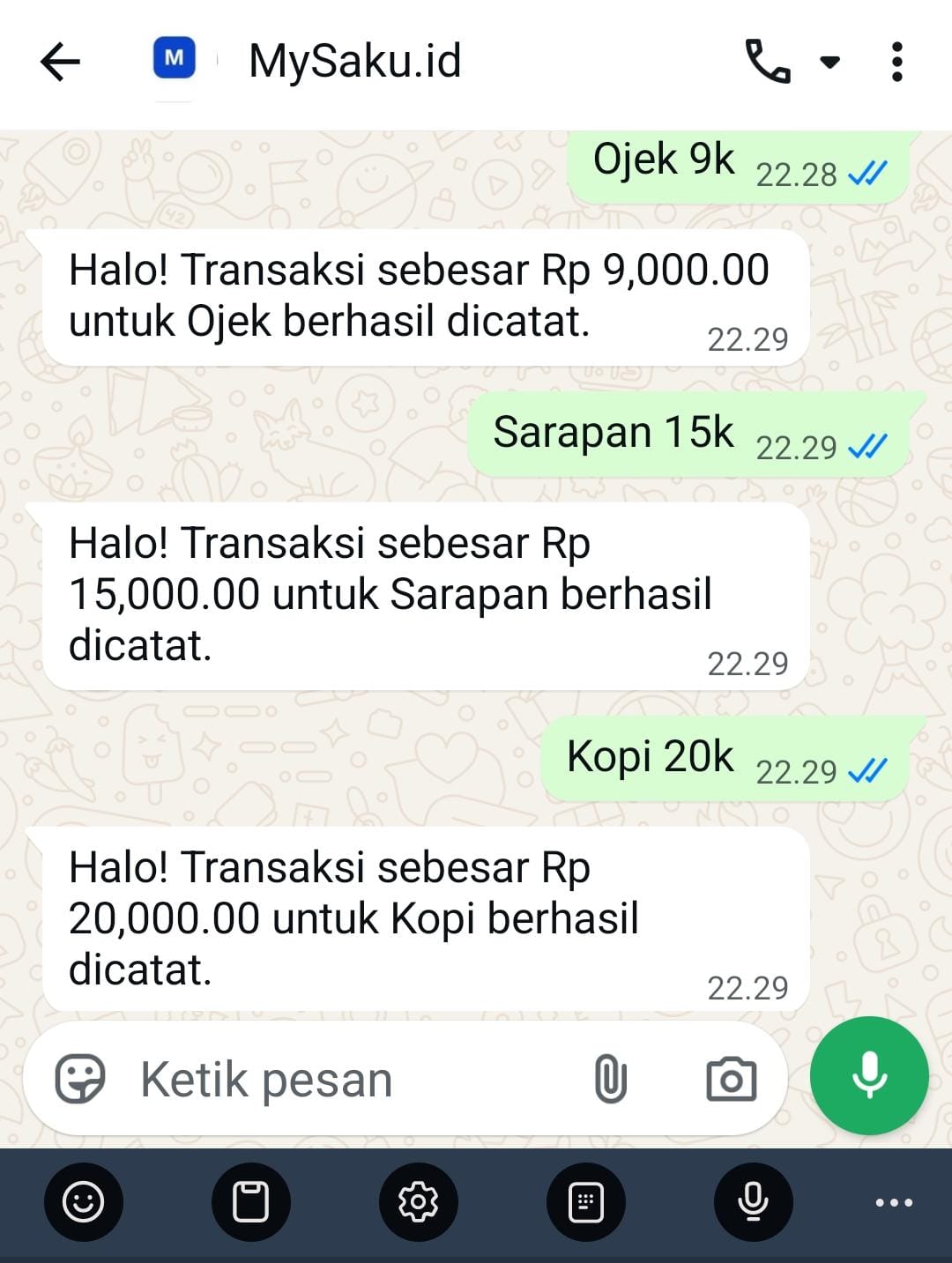 Contoh chat pencatatan pengeluaran lewat WhatsApp di MySaku
